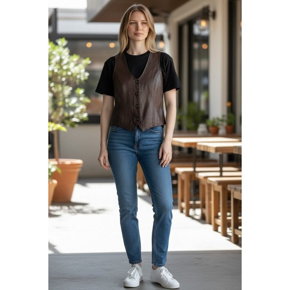 New York & Company Womens  Faux Leather Button-Up Vest  Brown Small